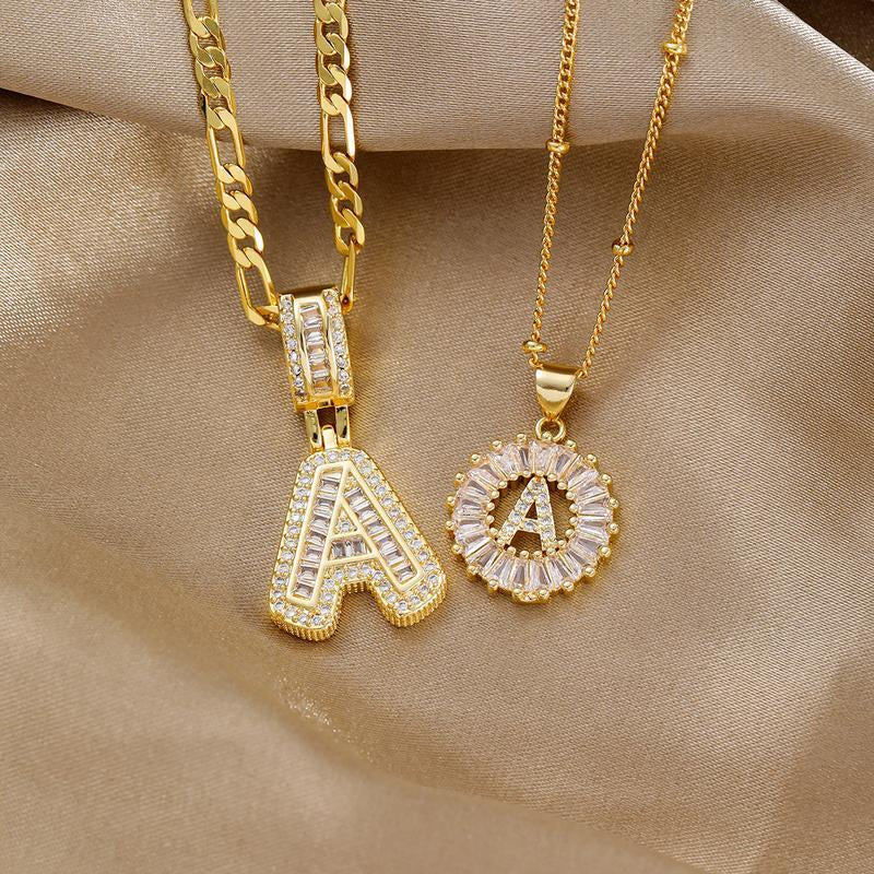 【B3】2 Count Initial Letter Necklace Set with Zirconia Stones | Golden/Silver Bubble Necklaces for Women | Iced Out Necklace for Men | Birthday Gifts Anniversary Gift | Letter Alphabet Necklace Zircon Stone Pendant Necklace Initial Zirconia Stone