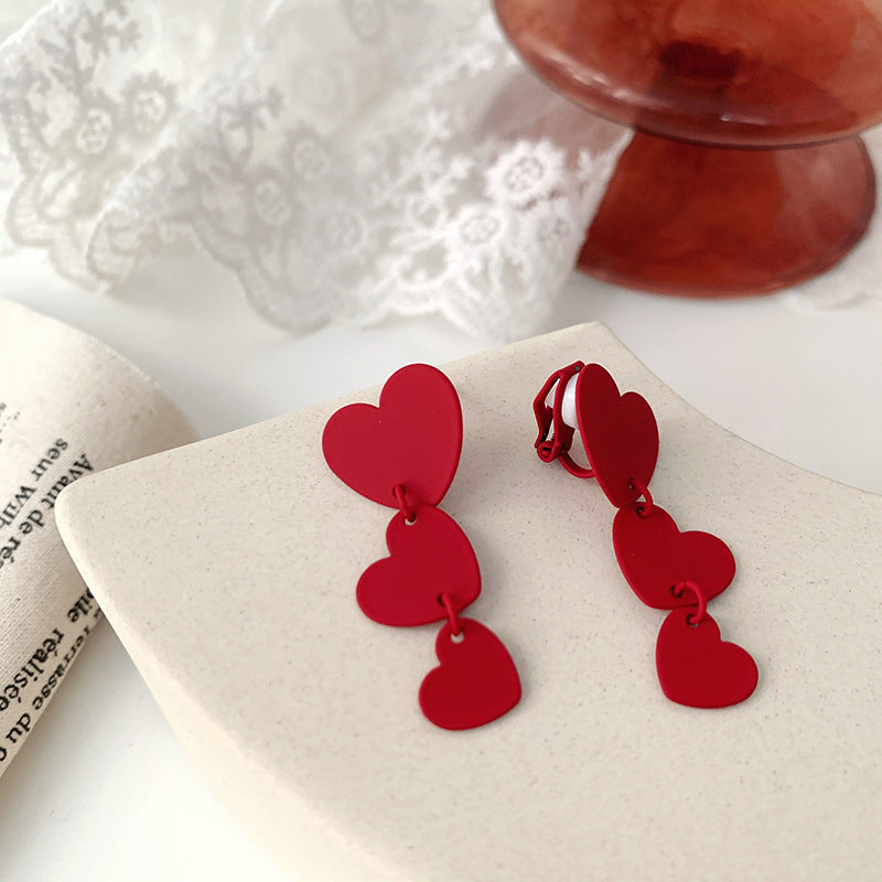 Wine Red Love Baking Varnish Bow Silver Needle Earrings