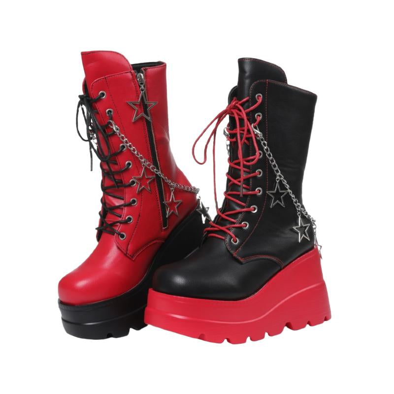 Punk Style round Toe Boots with Starry Sky and Star Chain, Red and Black