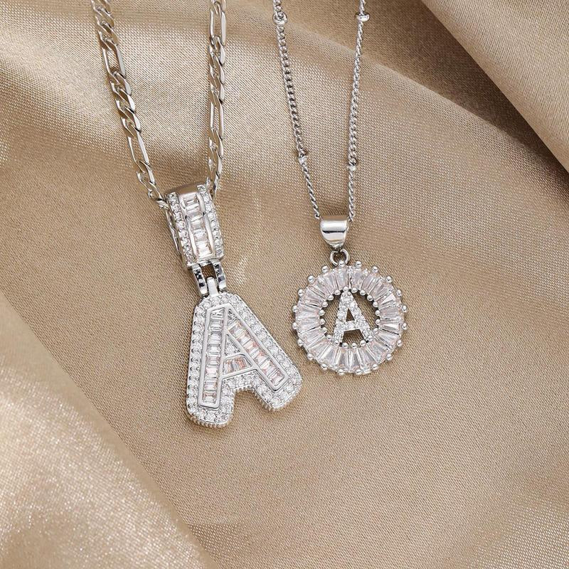 【B3】2 Count Initial Letter Necklace Set with Zirconia Stones | Golden/Silver Bubble Necklaces for Women | Iced Out Necklace for Men | Birthday Gifts Anniversary Gift | Letter Alphabet Necklace Zircon Stone Pendant Necklace Initial Zirconia Stone