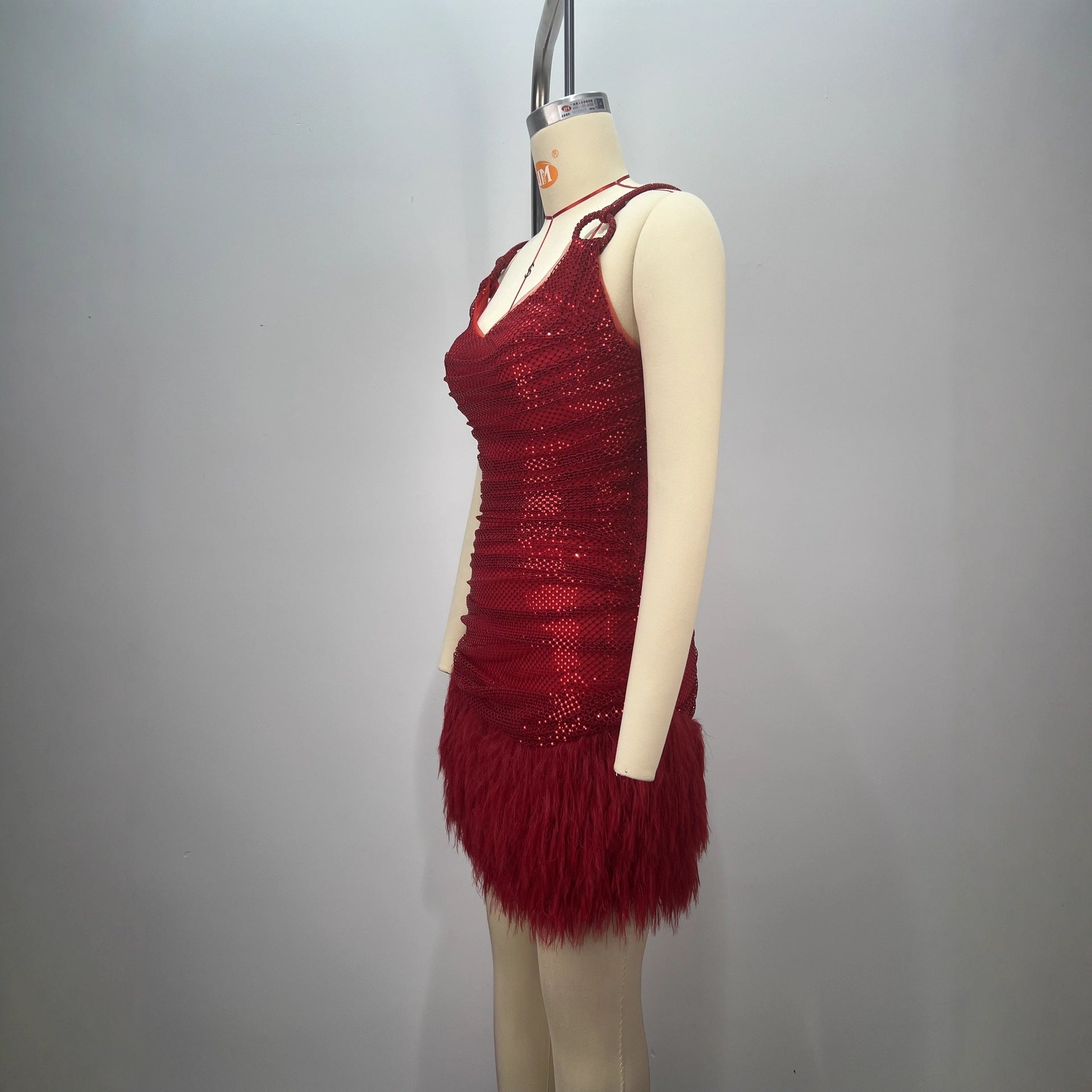 Red Feather Sequins Shiny Sling Mini Luxury Birthday Dress