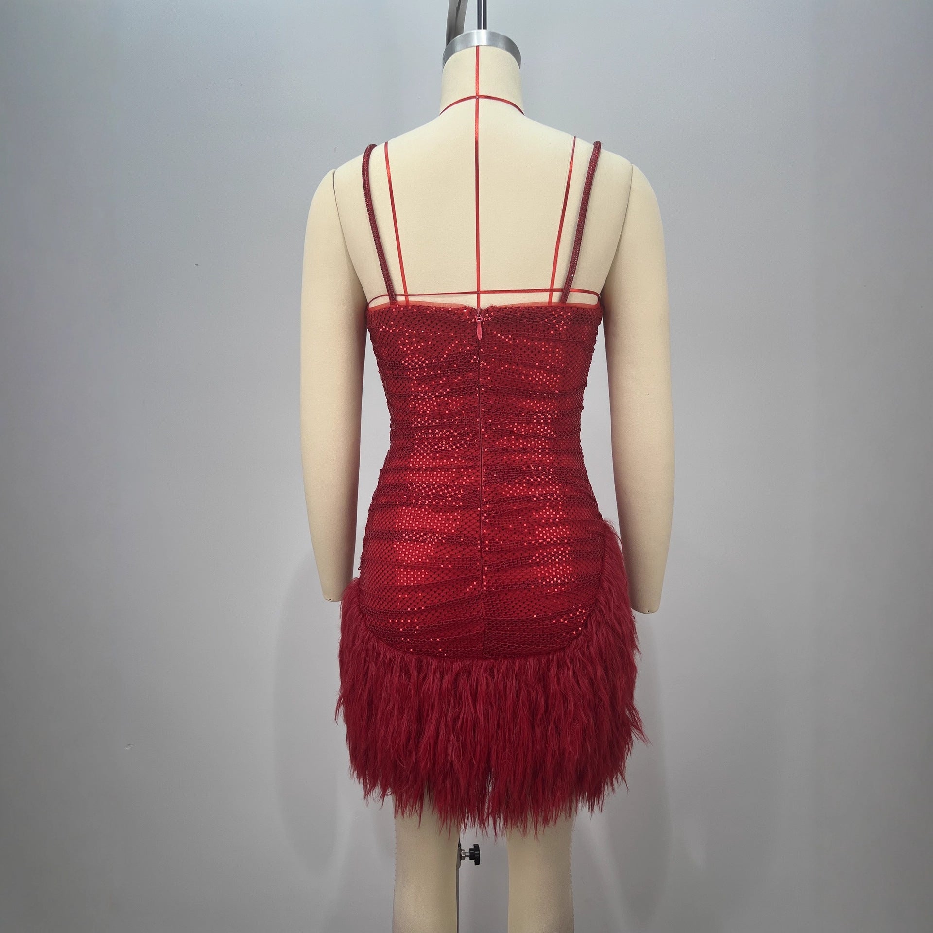 Red Feather Sequins Shiny Sling Mini Luxury Birthday Dress