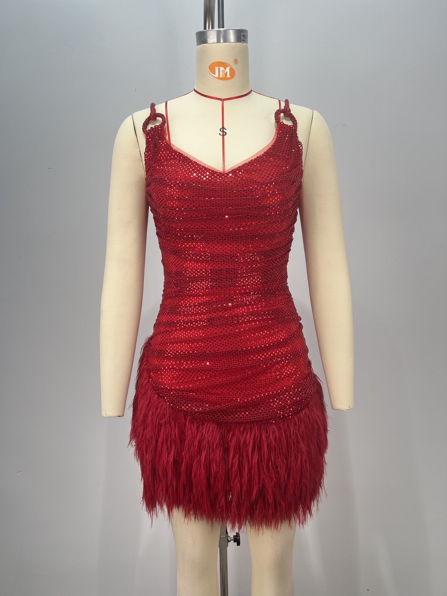 Red Feather Sequins Shiny Sling Mini Luxury Birthday Dress