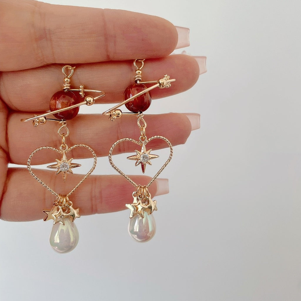 Red Planet Star Earrings Personality Love Pearl Ear Clips