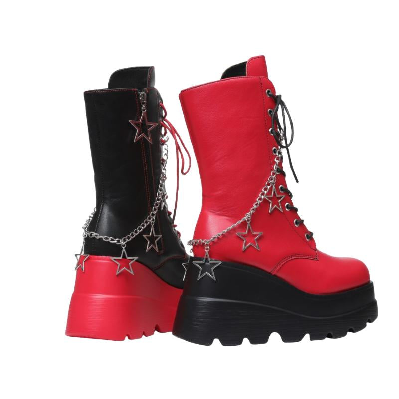 Punk Style round Toe Boots with Starry Sky and Star Chain, Red and Black