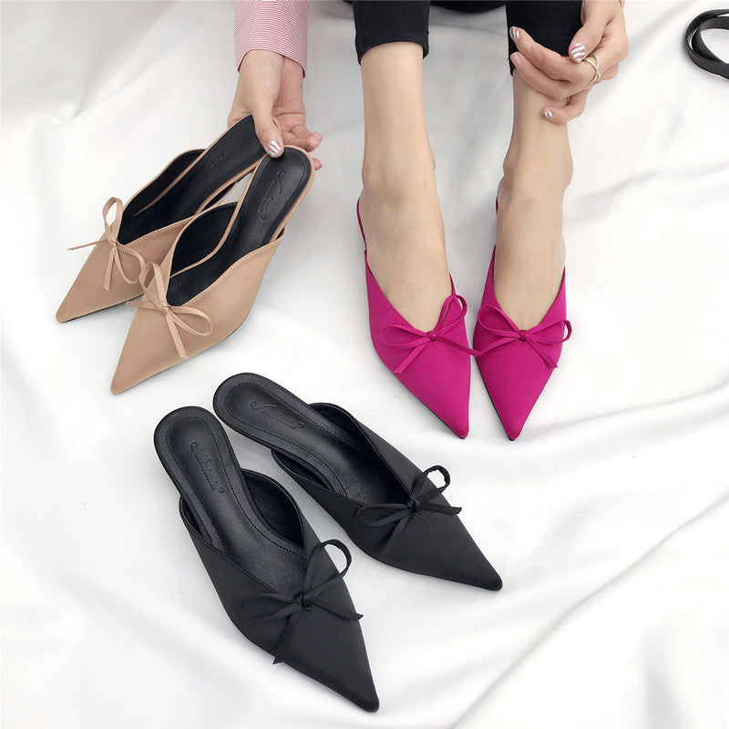 Bowknot Pointed Stiletto Heel OL All-match Female Slippers