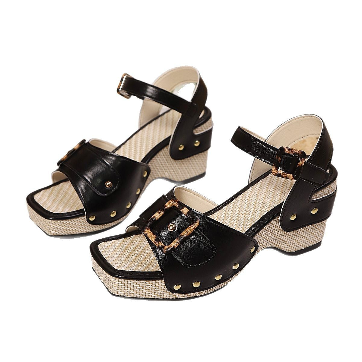Female Button Metal Buckle Beach Chunky Heel Sandals