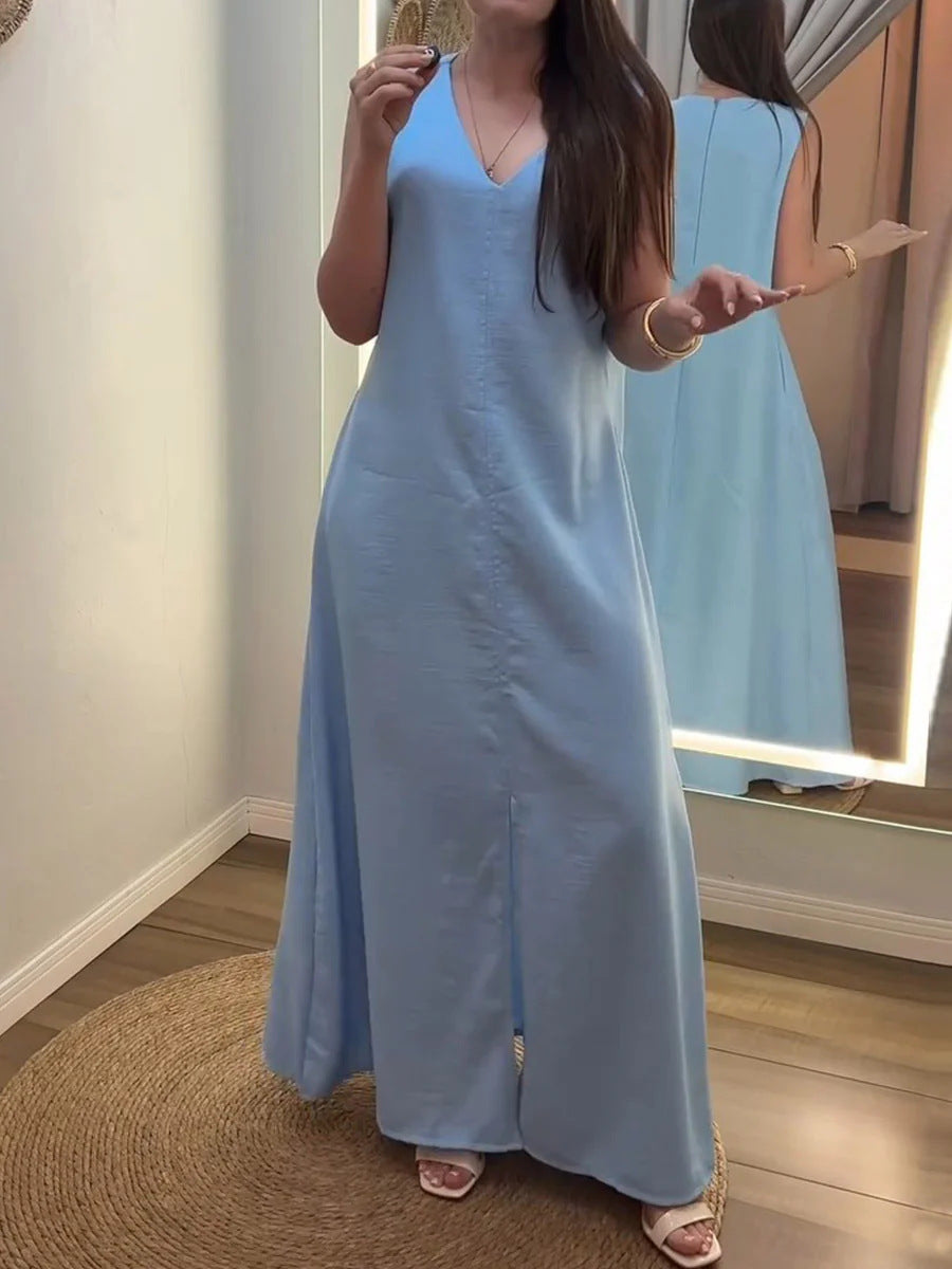 Womens Solid Color V Neck Sleeveless Casual Loose Cotton Linen Dress