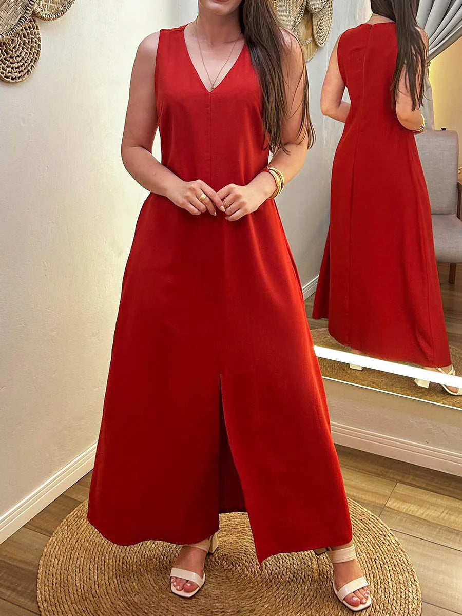 Womens Solid Color V Neck Sleeveless Casual Loose Cotton Linen Dress