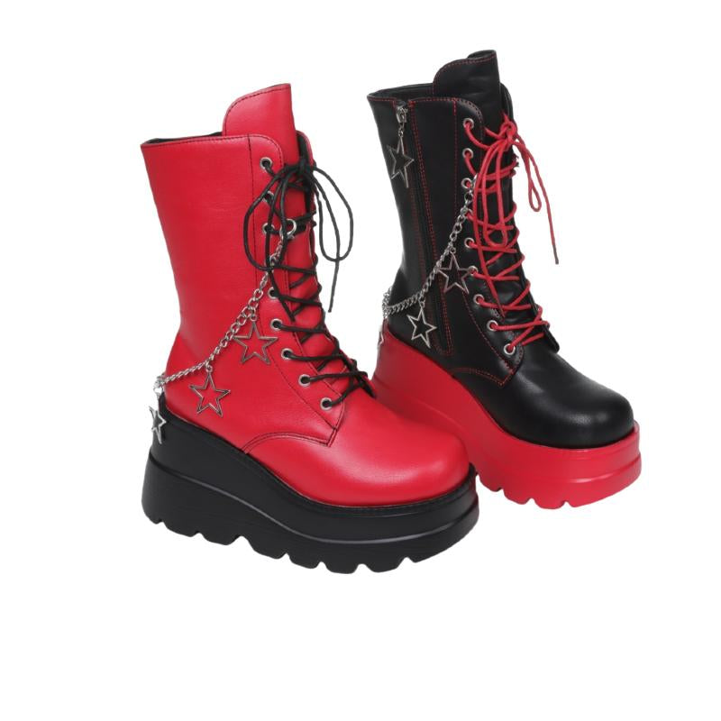 Punk Style round Toe Boots with Starry Sky and Star Chain, Red and Black