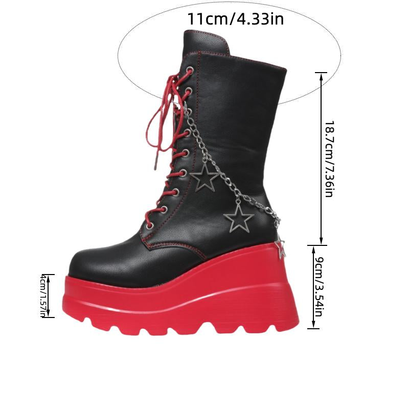 Punk Style round Toe Boots with Starry Sky and Star Chain, Red and Black