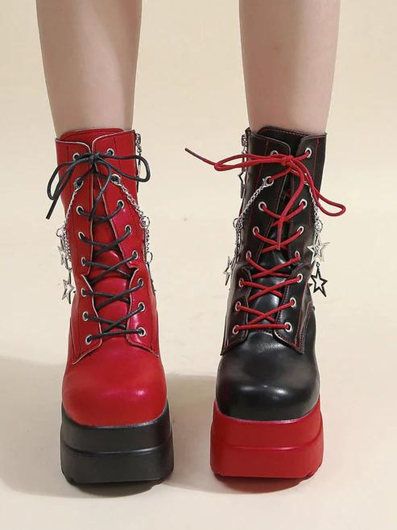 Punk Style round Toe Boots with Starry Sky and Star Chain, Red and Black