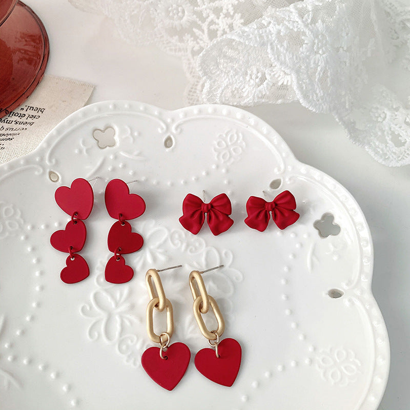 Wine Red Love Baking Varnish Bow Silver Needle Earrings