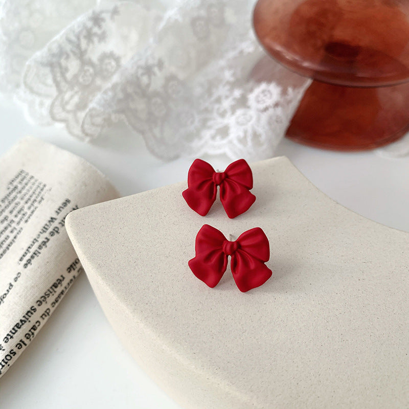 Wine Red Love Baking Varnish Bow Silver Needle Earrings