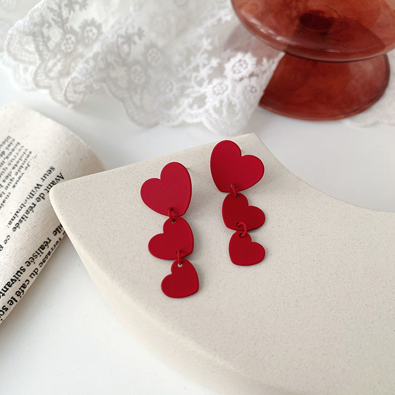 Wine Red Love Baking Varnish Bow Silver Needle Earrings