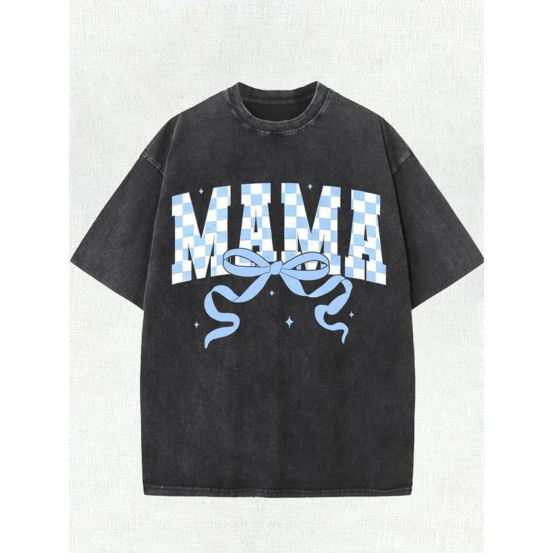 100% Washcotton Vintage Washed Cotton T-Shirt- Street Style Loose Short Sleeve '' Blue and White Checkerboard Pattern with Bowknot Print, Crew Neck Casual Summer Top, Everyday Street Style Clothing, Vintage Pattern Shirt