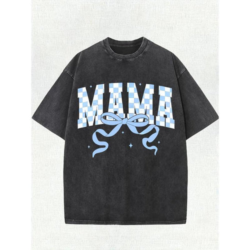 100% Washcotton Vintage Washed Cotton T-Shirt- Street Style Loose Short Sleeve '' Blue and White Checkerboard Pattern with Bowknot Print, Crew Neck Casual Summer Top, Everyday Street Style Clothing, Vintage Pattern Shirt