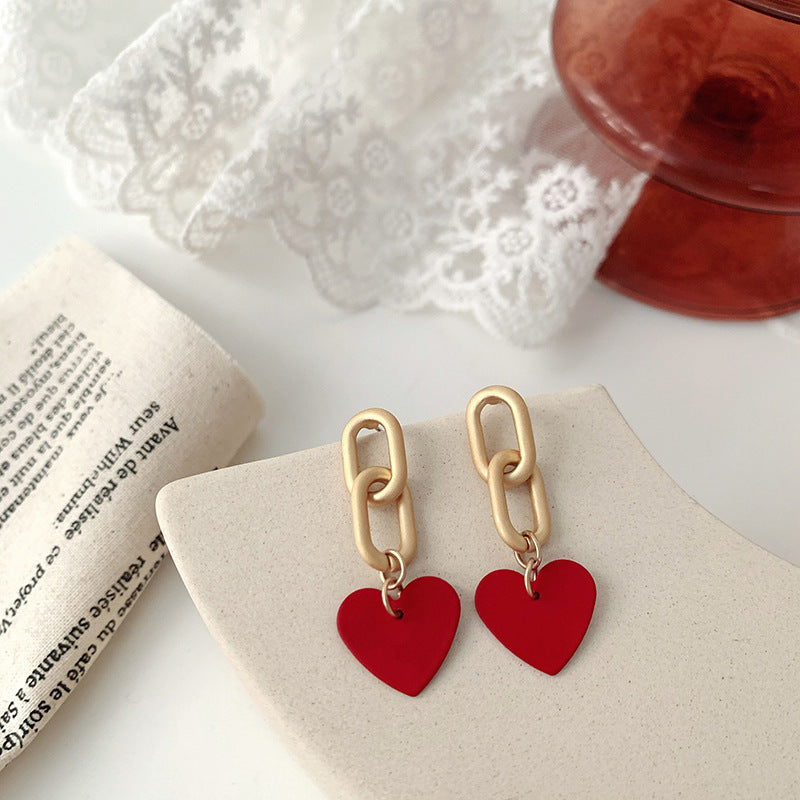 Wine Red Love Baking Varnish Bow Silver Needle Earrings