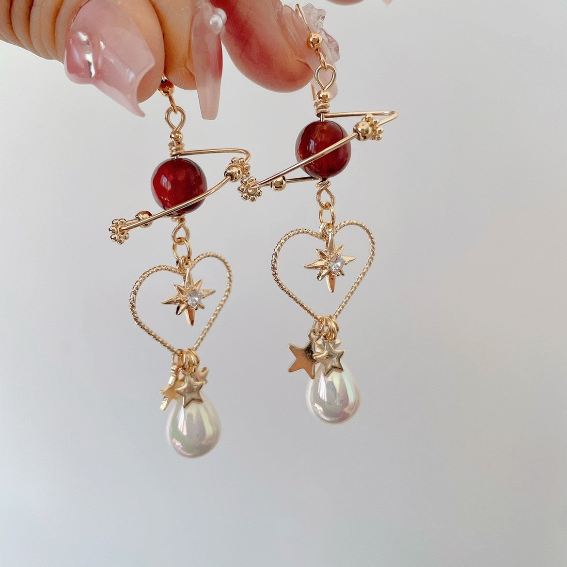 Red Planet Star Earrings Personality Love Pearl Ear Clips