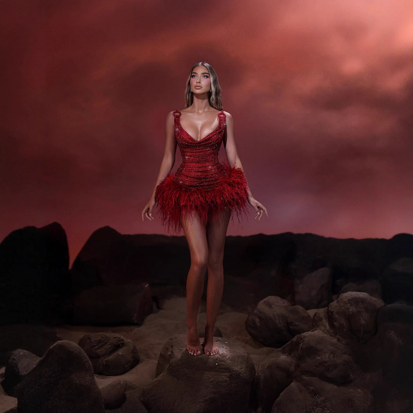 Red Feather Sequins Shiny Sling Mini Luxury Birthday Dress