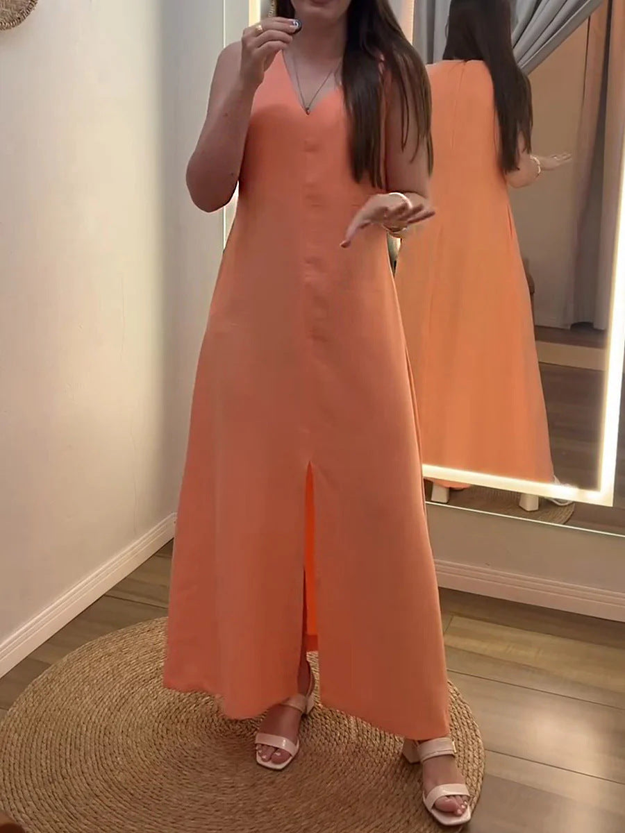 Womens Solid Color V Neck Sleeveless Casual Loose Cotton Linen Dress