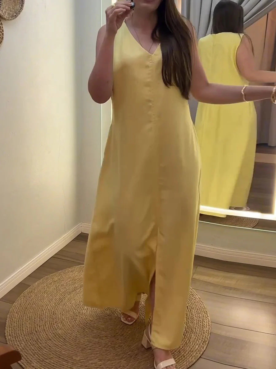 Womens Solid Color V Neck Sleeveless Casual Loose Cotton Linen Dress