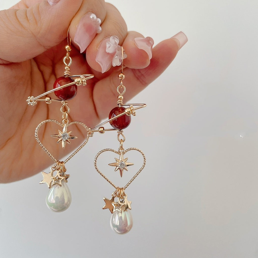 Red Planet Star Earrings Personality Love Pearl Ear Clips