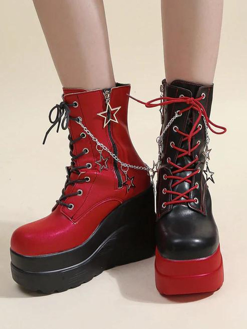 Punk Style round Toe Boots with Starry Sky and Star Chain, Red and Black