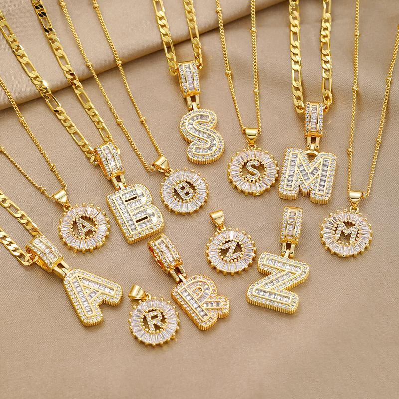 【B3】2 Count Initial Letter Necklace Set with Zirconia Stones | Golden/Silver Bubble Necklaces for Women | Iced Out Necklace for Men | Birthday Gifts Anniversary Gift | Letter Alphabet Necklace Zircon Stone Pendant Necklace Initial Zirconia Stone