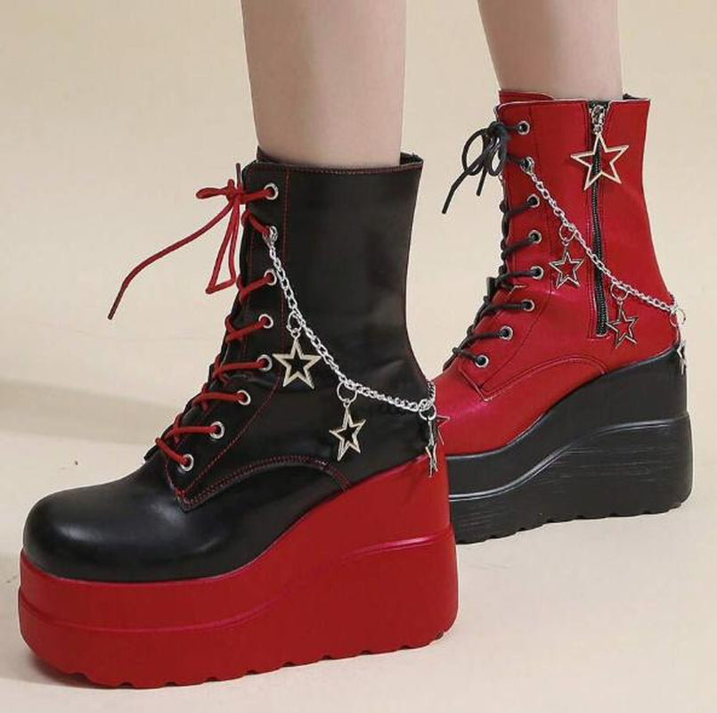 Punk Style round Toe Boots with Starry Sky and Star Chain, Red and Black