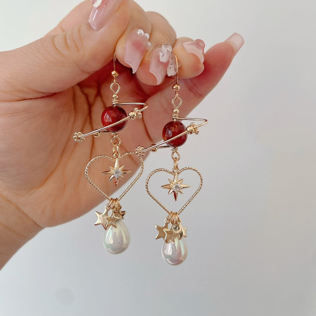 Red Planet Star Earrings Personality Love Pearl Ear Clips
