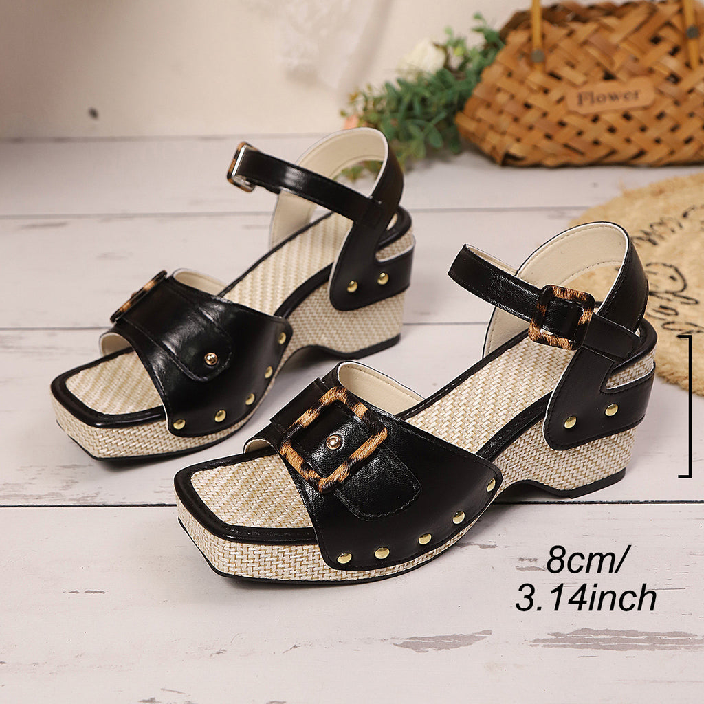 Female Button Metal Buckle Beach Chunky Heel Sandals