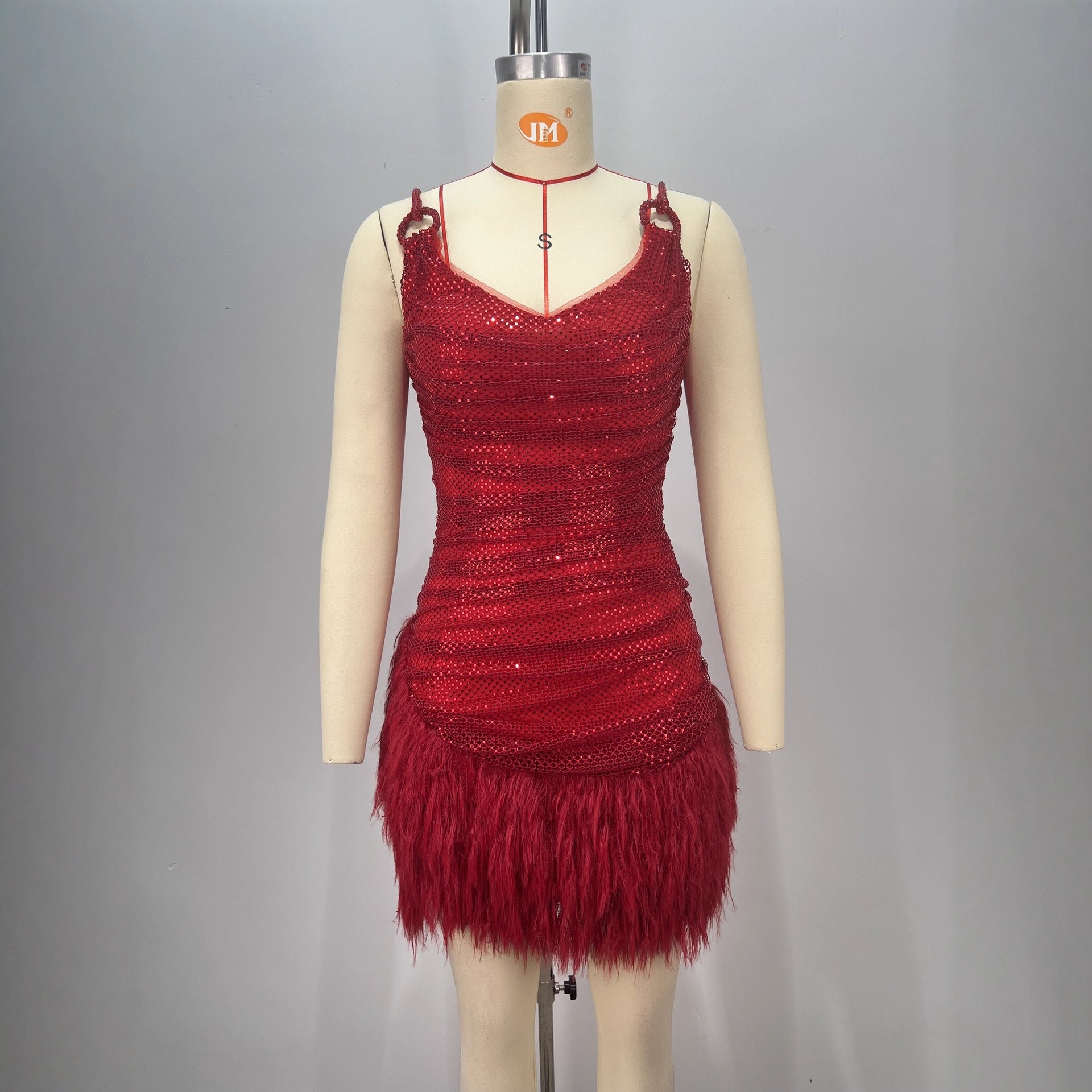 Red Feather Sequins Shiny Sling Mini Luxury Birthday Dress